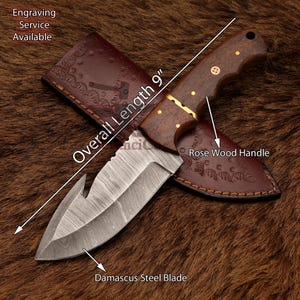 Handmade Damascus Steel Gut hook Skinner Knife With Leather Cover Best Gift for Hunters Anniversary Gift for Husband Birthday Gift for him