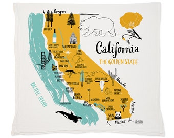 May include: A stylised map of California with a yellow outline and blue water. The map includes major cities, landmarks, and national parks. The text "California The Golden State" is at the top of the map.