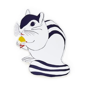May include: A white and blue striped squirrel with a black head and a yellow nut in its paws. The squirrel is sitting on a white background.