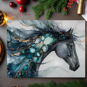 Horse Tempered Glass Cutting Board, Kitchen Gift, Unique Horse Gift For Her, Equestrian Horse Chopping Board Gift, Charcuterie Serving Board image 1
