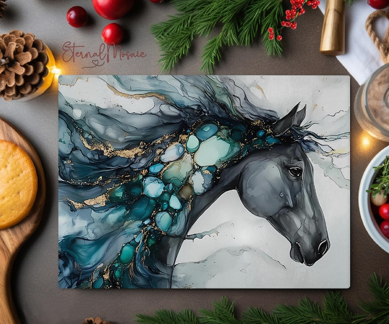 Horse Tempered Glass Cutting Board, Kitchen Gift, Unique Horse Gift For Her, Equestrian Horse Chopping Board Gift, Charcuterie Serving Board image 1