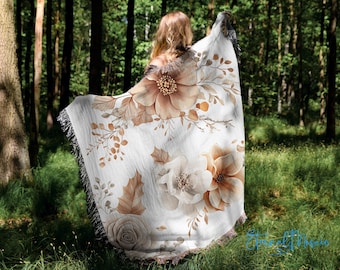 Floral Nuetral Cottagecore Flowers Throw Blanket Tapestry , Vintage Woven Rug Wall Hanging Sofa Bed Cover Decor ,100% Cotton Gift For Her