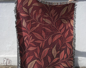 Burgundy Maroon William Morris Floral Leaves Quilt Throw Blanket Wall Tapestry With Fringes ,Vintage Woven Bed Throw Decor ,Grandma Blanket