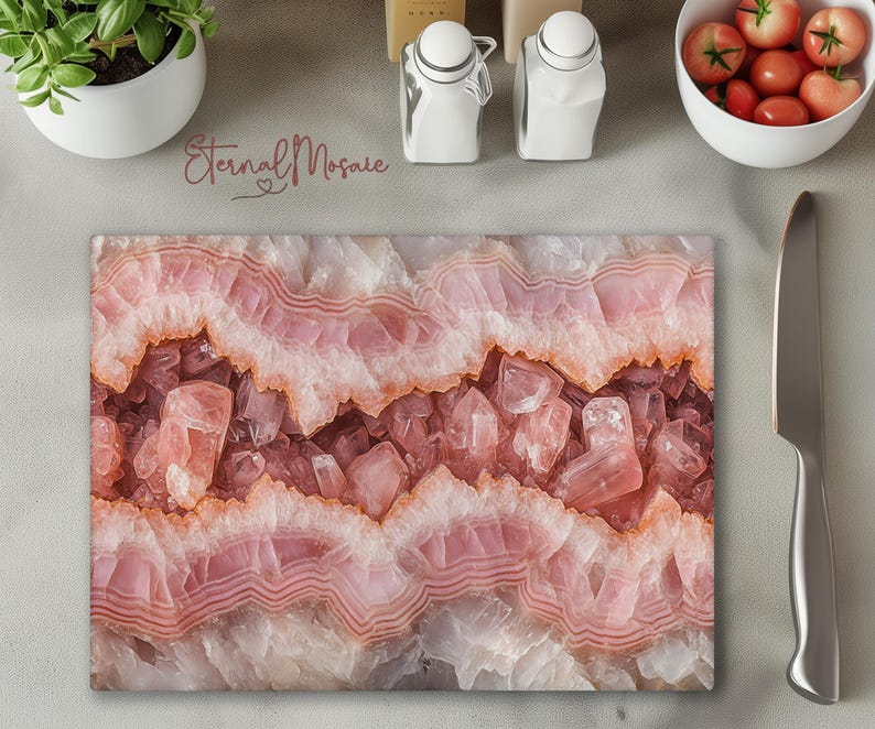 Tabla de cortar de cristal templado de cuarzo rosa, piedra de mármol rosa, regalo de cocina de lujo único para su mamá chef, tabla de charcutería imagen 5