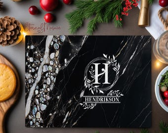 Personalized Monogrammed Glass Board Black Faux Marble Stone, Christmas Gift For Chef Foodie Mom, Custom Name Logo Charcuterie Serving Board