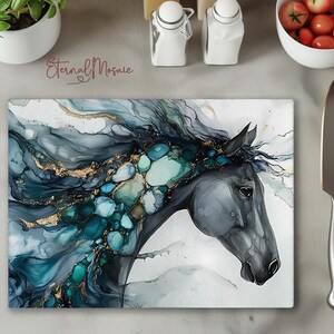 Horse Tempered Glass Cutting Board, Kitchen Gift, Unique Horse Gift For Her, Equestrian Horse Chopping Board Gift, Charcuterie Serving Board image 2
