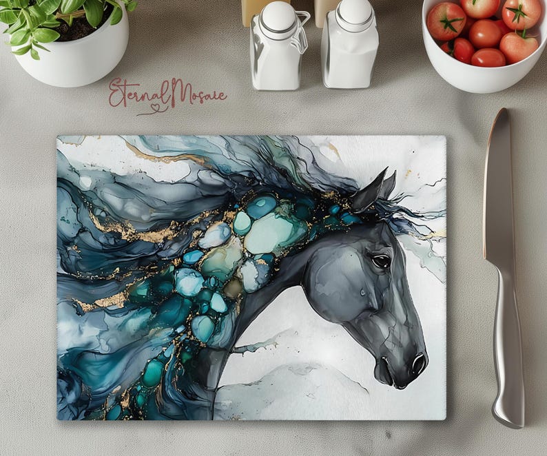 Horse Tempered Glass Cutting Board, Kitchen Gift, Unique Horse Gift For Her, Equestrian Horse Chopping Board Gift, Charcuterie Serving Board image 2
