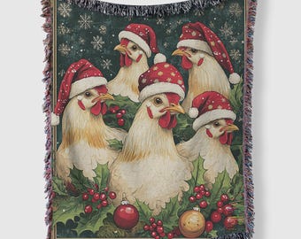 Retro Christmas Chicken Blanket, Xmas Chicken Blanket, Chicken Lover Gift, Vintage Christmas Decor, Farmhouse Decor, Chicken Mom Xmas Gift