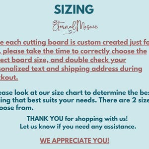 a blue background with a red and white sign that says sizing