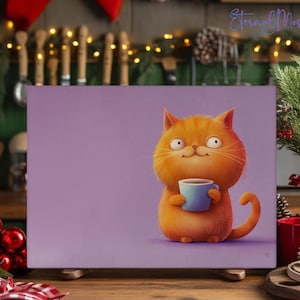 Tabla de cortar de cristal templado con forma de gato y café, decoración de cocina con un adorable gato y una taza de café, regalo para amantes del café y los gatos.