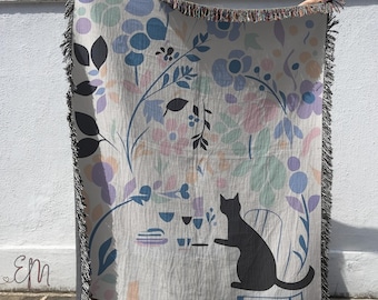 Voilet Pink Black Cat Henri Matisse Throw Blanket Tapestry, Artful Woven Throw Wall Decor Hanging, Decorative Bed Spread , Gift For Cat Mom