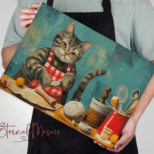 Tabla de cortar de cristal con forma de gato repostero, tabla de cortar de cristal templado, divertida decoración de cocina con forma de gato chef, adorable regalo para amantes de la charcutería