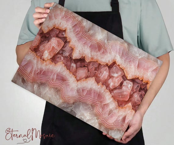 Rose Quartz Crystal Pink Marble Stone Tempered Glass Cutting Chopping Board, Unique Luxury Kitchen Gift For Her Mom Chef, Charcuterie Board