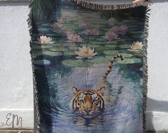 Pink Blue Claude Monet Waterlily Tiger Cat Wall Tapestry Wall Hanging Blanket Throw, Funny Tiger Wall Art, Funny gift, Tiger Blanket Throw