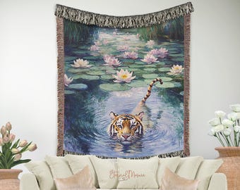 Pink Blue Claude Monet Waterlily Tiger Cat Wall Tapestry Wall Hanging Blanket Throw, Funny Tiger Wall Art, Funny gift, Tiger Blanket Throw