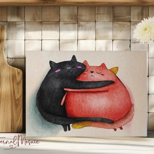 Tabla de cortar de cristal templado con diseño de gatos abrazados en acuarela, tabla de cortar de cristal templado, decoración de cocina con arte de pareja de gatos adorables, regalo para amantes de los gatos