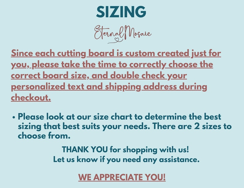 a blue background with a red and white sign that says sizing