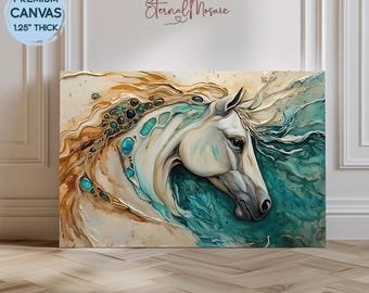 Impresión de pintura de caballo moderna en lienzo con piedras preciosas en color beige y verde azulado, decoración de animales moderna de gran tamaño, arte surrealista equino, decoración de pared en lienzo.