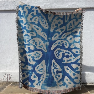 Blue Off-white Cotton Tree of Life Matisse Throw Blanket Tapestry, Fringe Woven Throw Wall Hanging, Decorative Bed Spread , Gift For Her Mom