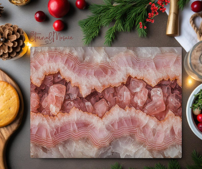 Tabla de cortar de cristal templado de cuarzo rosa, piedra de mármol rosa, regalo de cocina de lujo único para su mamá chef, tabla de charcutería imagen 4