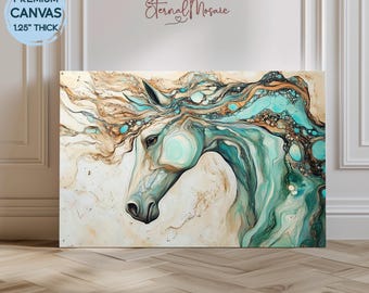 Impresión de pintura surrealista de caballo color crema esmeralda sobre lienzo, decoración animal moderna de gran tamaño, arte de fantasía equina, arte de pared en lienzo, obra de arte decorativa.