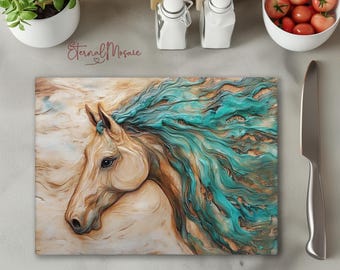 Painted Horse Art Glass Cutting Board, Gift For Horse Equestrian Lover, Horse Mom Chopping Board Christmas Gift, Charcuterie Serving Board