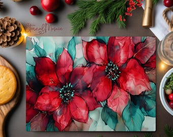 Tabla de cortar de vidrio templado con diseño floral navideño de acuarela, tabla de cortar de vidrio templado con diseño floral navideño, tabla de cortar de vidrio decorativa.
