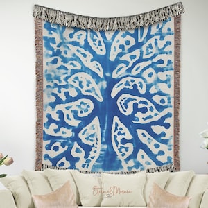 Blue Off-white Cotton Tree of Life Matisse Throw Blanket Tapestry, Fringe Woven Throw Wall Hanging, Decorative Bed Spread , Gift For Her Mom
