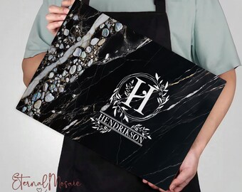 Personalized Monogrammed Glass Board Black Faux Marble Stone, Christmas Gift For Chef Foodie Mom, Custom Name Logo Charcuterie Serving Board
