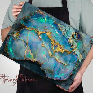 Crystal Glass Blue Opal Cutting Board, Tempered Glass Chopping Board, Abstract Blue Geode Art Kitchen Decor, Gold Crystal Inspired