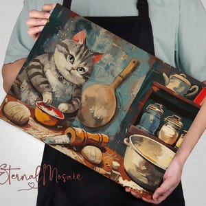 Tabla de cortar de cristal con forma de gato repostero, tabla de cortar de cristal templado, decoración de cocina con forma de gato chef caprichoso, regalo ideal para amantes de la charcutería y la cocina.