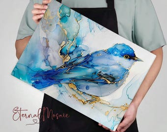Blue Bird Tempered Glass Cutting Board – Abstract Alcohol Ink Bird Art Charcuterie Board, Bird Lover Gift, Modern Kitchen Decor