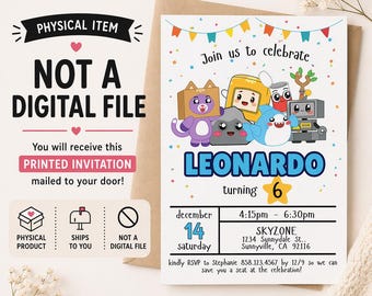 May include: A printed invitation for a birthday party. The invitation features cartoon characters and the name "LEONARDO" in blue. The date is December 14th, with the party at Skyzone from 4:15 PM to 6:30 PM. The invitation is a physical product.