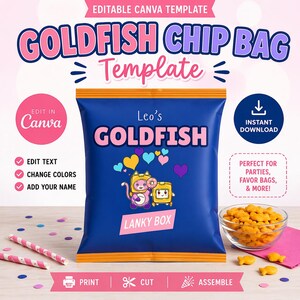 May include: A blue Goldfish chip bag template with the text "Goldfish Chip Bag Template" and "Leo's Goldfish". The bag features cartoon characters and hearts. Includes a bowl of Goldfish crackers and pink and white striped straws.
