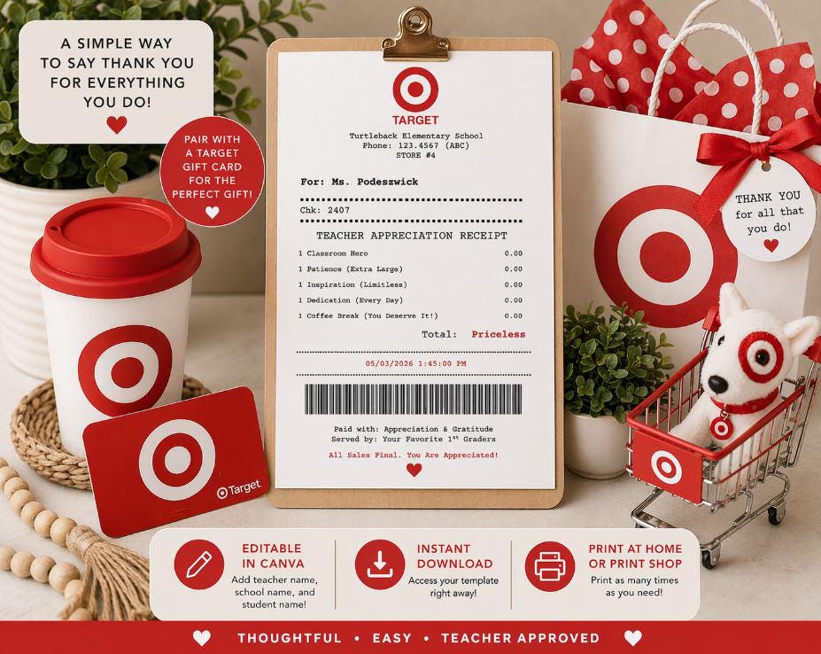 Teacher Appreciation Receipt Template, Gift Card Holder (Digital Download)