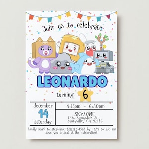May include: A birthday party invitation featuring cartoon characters and the name "LEONARDO" in blue. The invitation includes the date, time, and location of the party, with the number "6" and the words "Join us to celebrate".