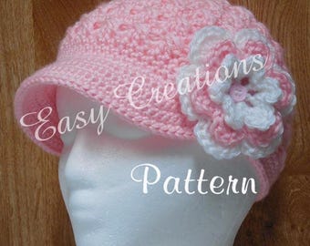Crochet Pattern Newsboy Hat, Sizes 18" - 22", Flower Beanie, Intermediate Skill