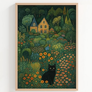 庭の黒猫のアートプリント – 花が咲くウォールアート、気まぐれで素朴なヴィンテージカントリービレッジポスター | コテージコアホームデコレーション、HP-39