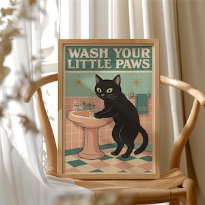 Retro Wash Your Little Paws Cat Poster - Vintage Black Cat Bathroom Wall Art, Mid-Century Style Funny Cat Print for Kids, HP-56