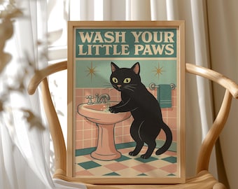 Impresión retro de gato negro para baño: arte mural divertido de mediados de siglo