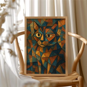 Cubist Cat Abstract Wall Art, Colorful Geometric Cat Poster, Modern Pet Decor, Funny Cat Lover Gift, HP-119