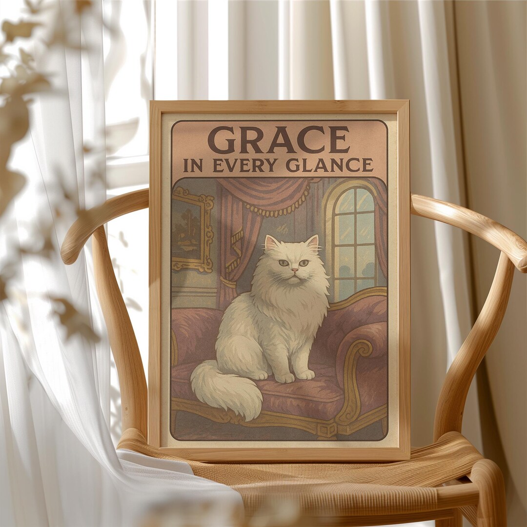 Persian Cat Art Print: Elegant White Cat on Velvet Couch - Etsy