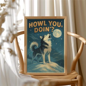 Art mural chien husky - affiche rétro hurlez, ciel nocturne pleine lune, impression husky vintage, décoration cadeau drôle pour amoureux des chiens, HP-69