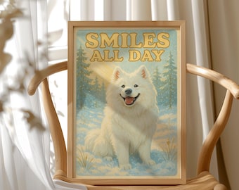 Impression d'art Samoyède souriant : poster vintage chien d'hiver