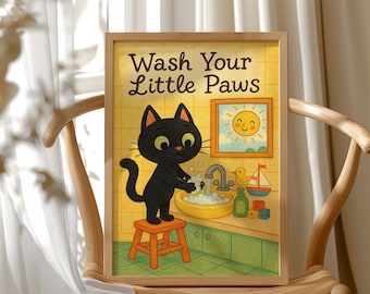 Black Cat Wash Your Paws Poster: Kids Bathroom Art