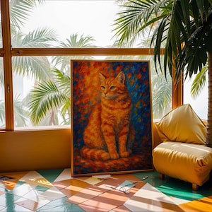 Orange Tabby Cat Poster – Colorful Feline Wall Art in Afremov-Style Impressionism – Bright Cat Portrait Poster, HP-8