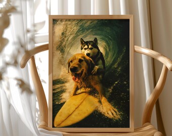 May include: A framed print showing two dogs surfing a wave. A golden retriever is riding a surfboard, with a husky on its back. The wave is a deep teal colour, and the print is in a light wood frame.