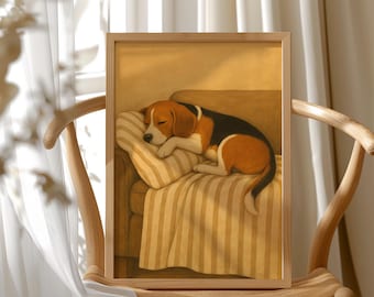 Sleeping Beagle Art Print: Cozy Dog Portrait, Rustic Home Decor