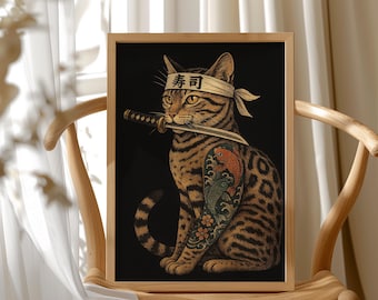Impressão de arte de gato samurai – Gato de Bengala estilo tatuagem japonesa com decoração de parede Katana, HP-5