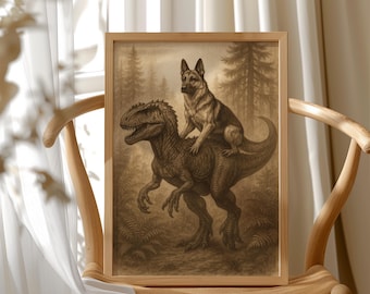 May include: Sepia-toned framed art print featuring a German Shepherd riding atop a dinosaur in a forest setting. The artwork has a vintage aesthetic, with detailed illustrations of the dog, dinosaur, and surrounding foliage.
